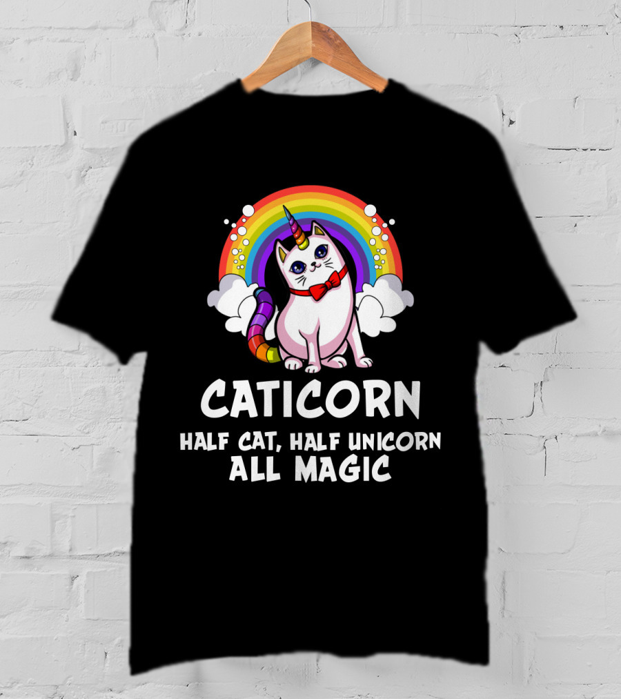 Caticorn Half Cat Half Unicorn All Magic Rainbow Bow Magic T-Shirt
