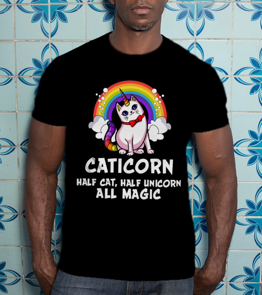 Caticorn Half Cat Half Unicorn All Magic Rainbow Bow Magic T-Shirt