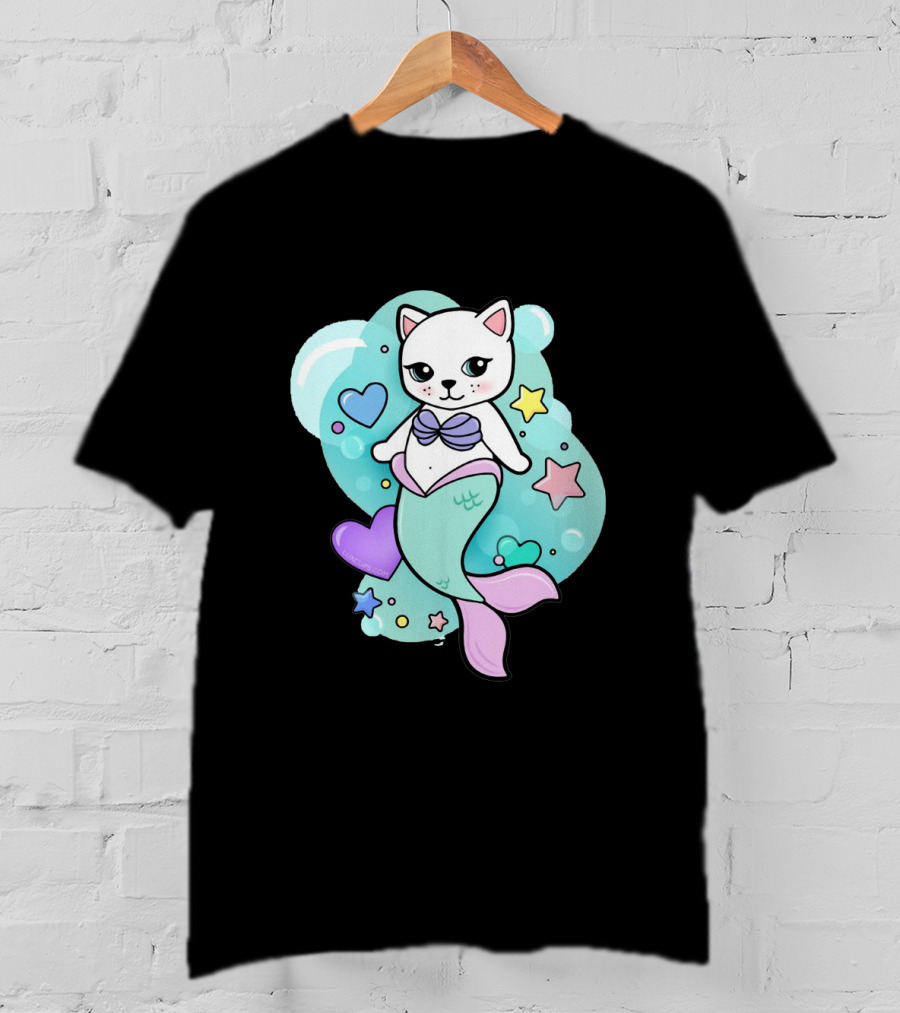 Barbiecore Pretty Purrmaid Pastel Cute Cat Mermaid Bubbles Hearts Stars T-Shirt