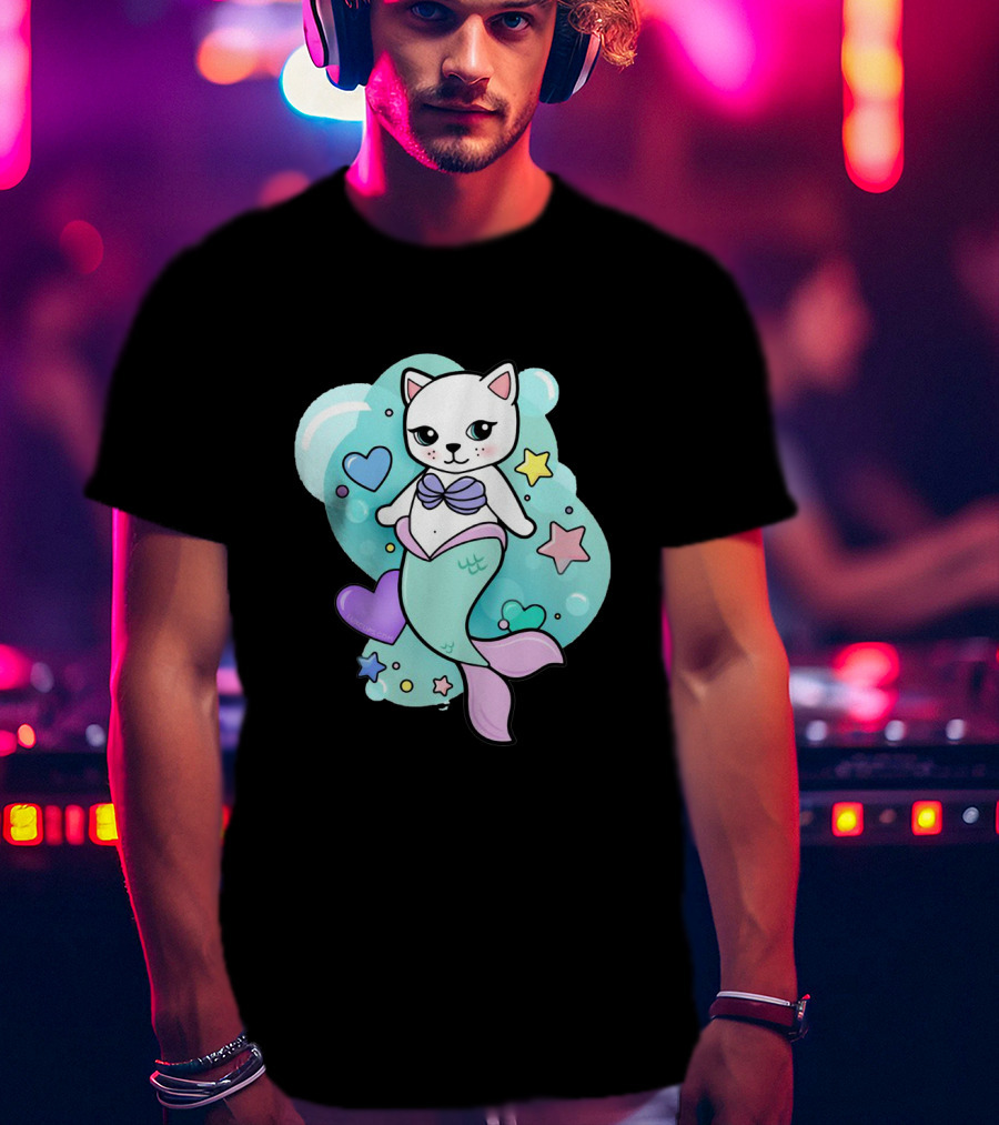 Barbiecore Pretty Purrmaid Pastel Cute Cat Mermaid Bubbles Hearts Stars T-Shirt