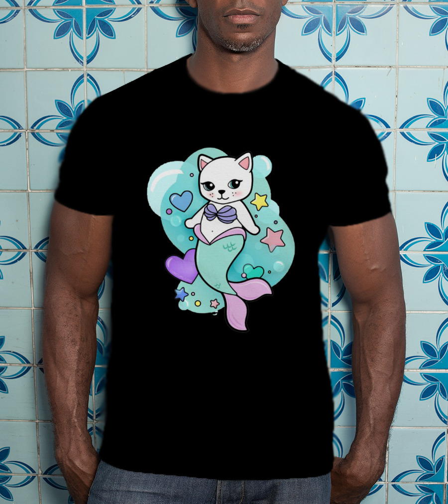 Barbiecore Pretty Purrmaid Pastel Cute Cat Mermaid Bubbles Hearts Stars T-Shirt