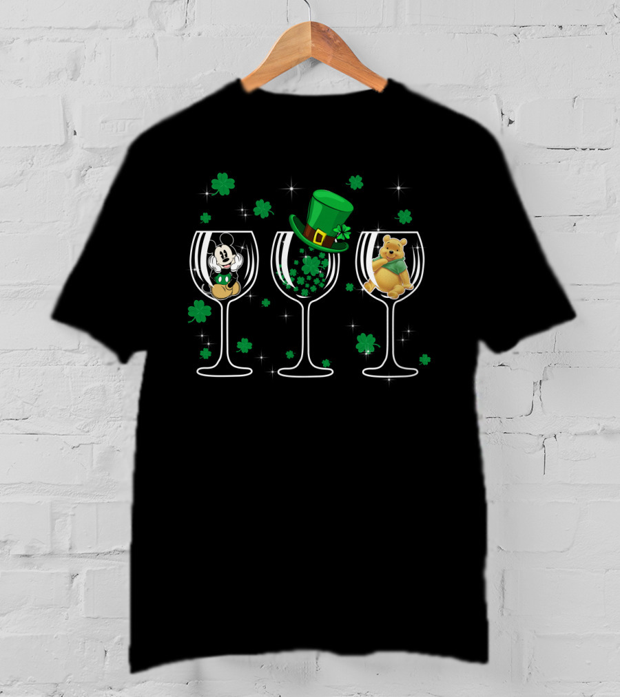 Mickey Patrick Pooh St. Patrick’s Day Wine Glass Trio T-Shirt