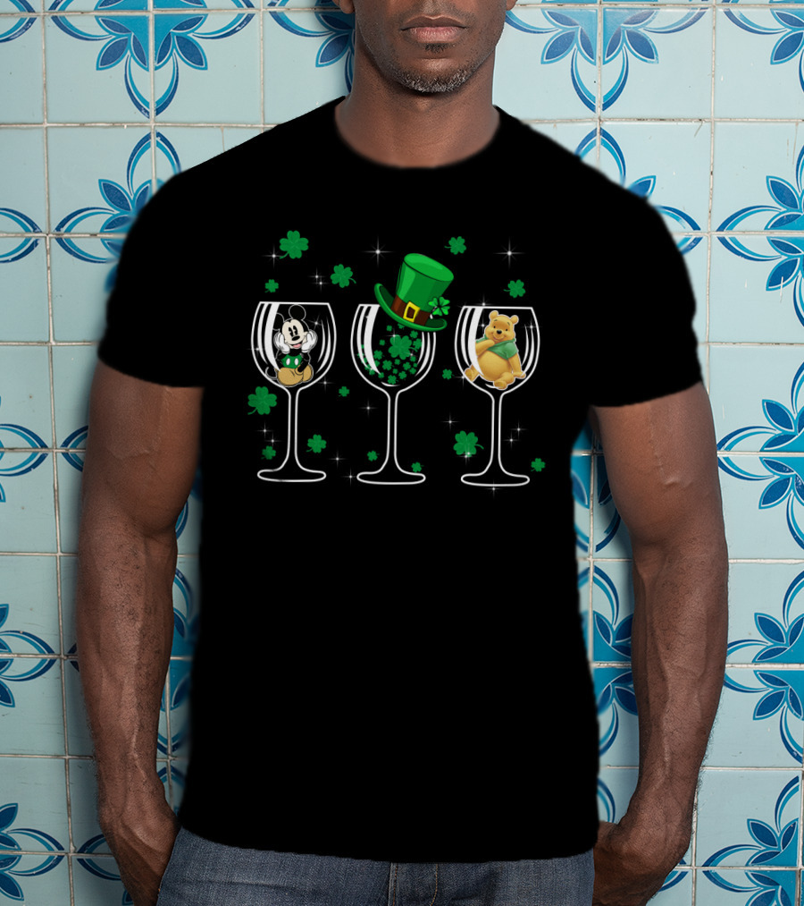 Mickey Patrick Pooh St. Patrick’s Day Wine Glass Trio T-Shirt