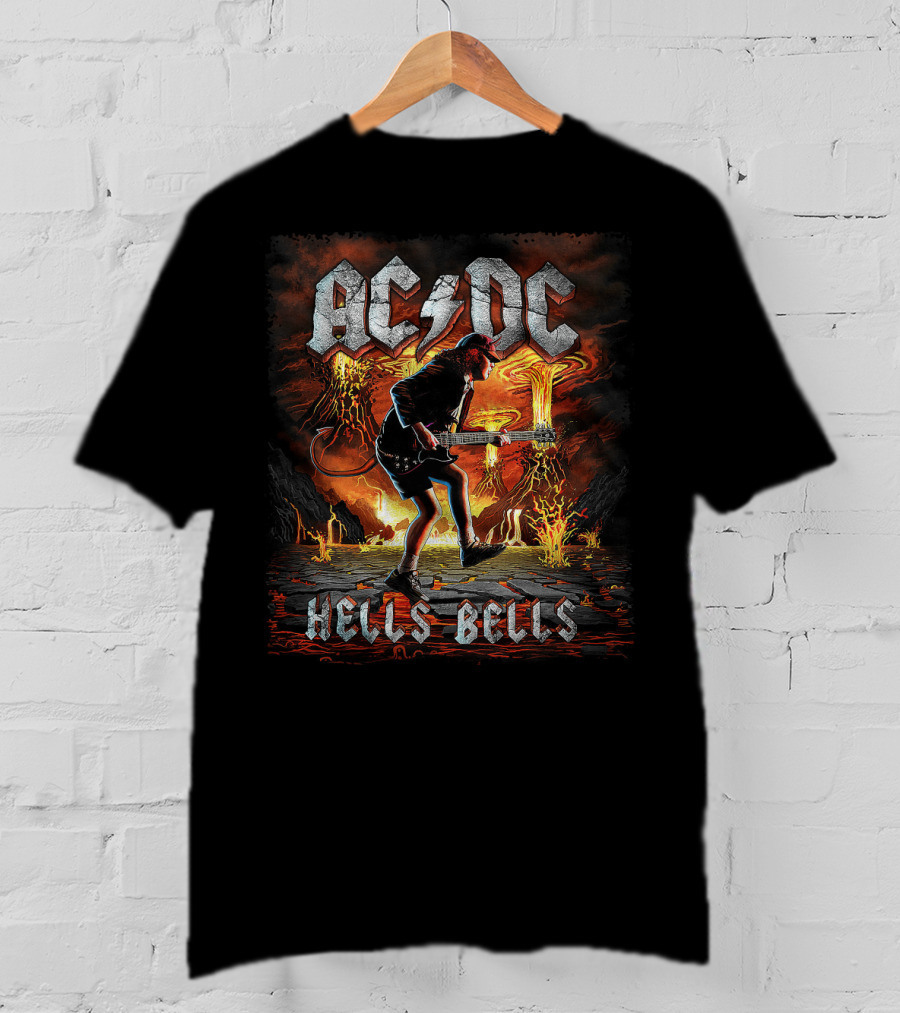 AC/DC Hells Bells Guitarist With Volcanic Eruption Background T-Shirt
