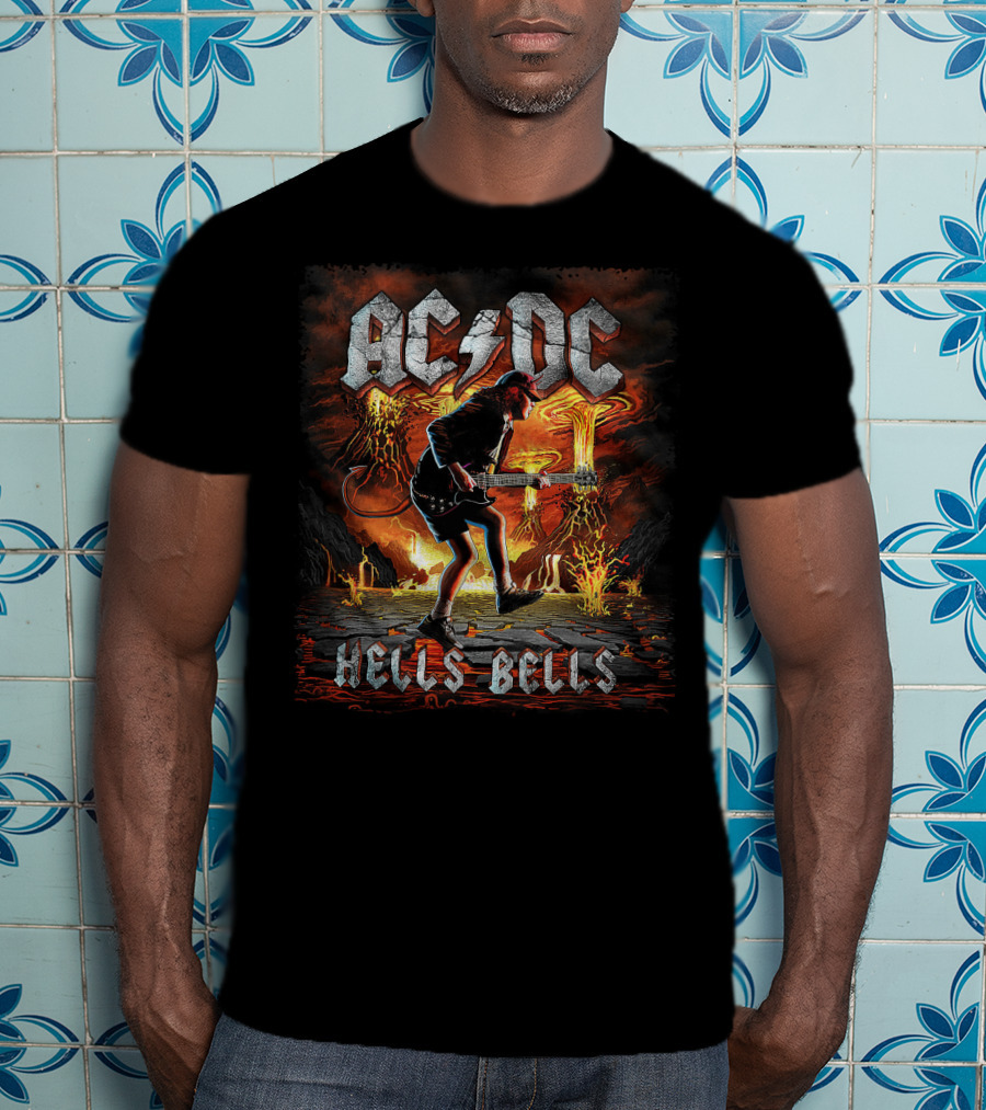 AC/DC Hells Bells Guitarist With Volcanic Eruption Background T-Shirt