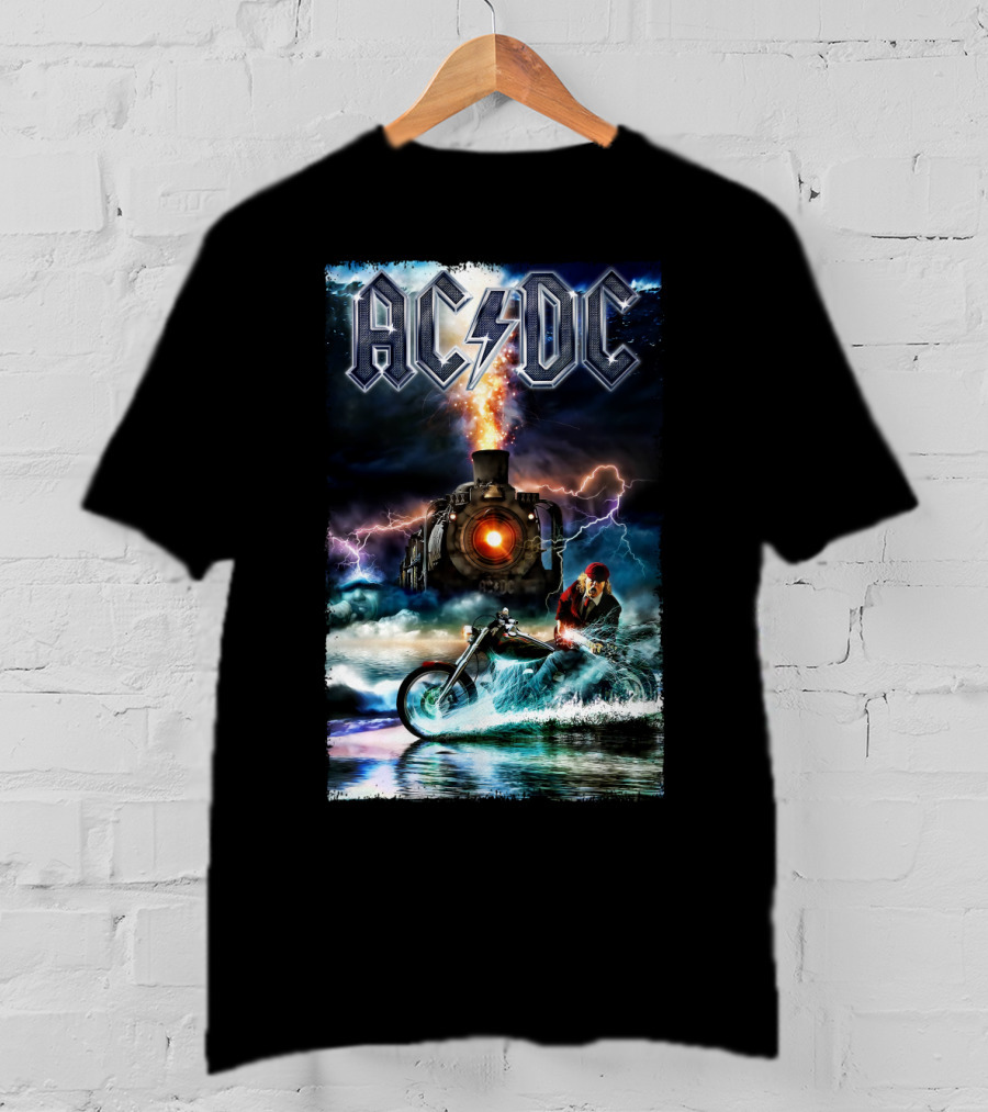AC/DC Rock And Roll Train With Lightning And Motorbike Scene T-Shirt