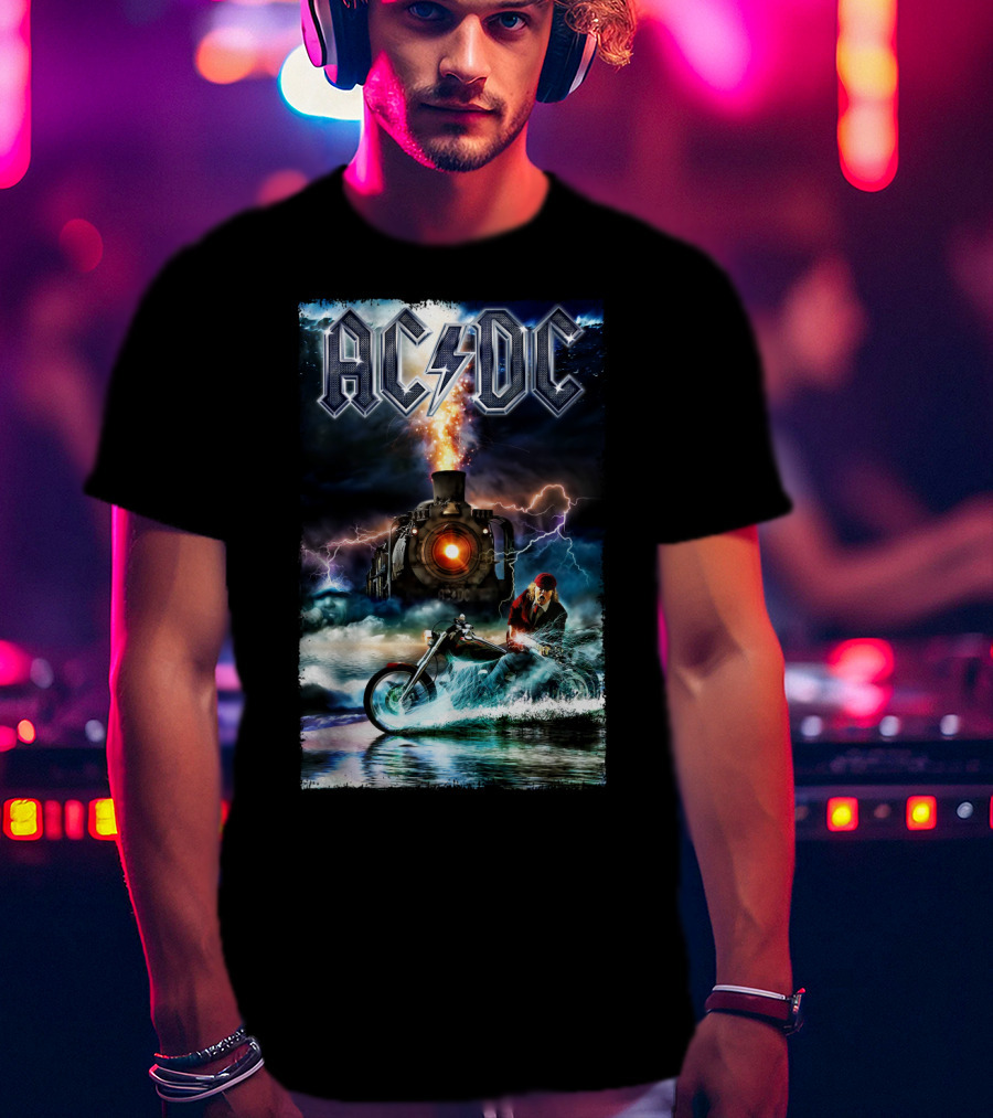 AC/DC Rock And Roll Train With Lightning And Motorbike Scene T-Shirt