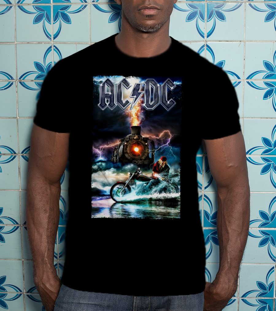 AC/DC Rock And Roll Train With Lightning And Motorbike Scene T-Shirt