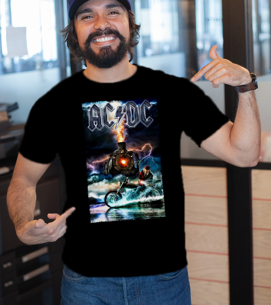 AC/DC Rock And Roll Train With Lightning And Motorbike Scene T-Shirt
