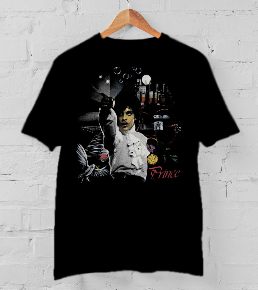 Prince Retro Iconic 1980s Music Legend With Guitar And City Skyline T-Shirt