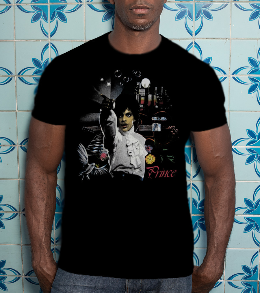 Prince Retro Iconic 1980s Music Legend With Guitar And City Skyline T-Shirt