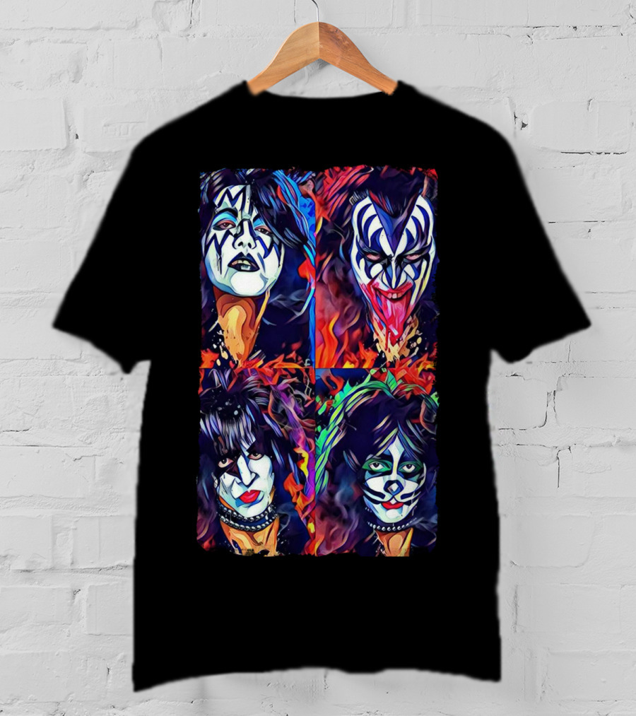 Kiss Band Iconic Face Paint Portraits Fiery Background T-Shirt