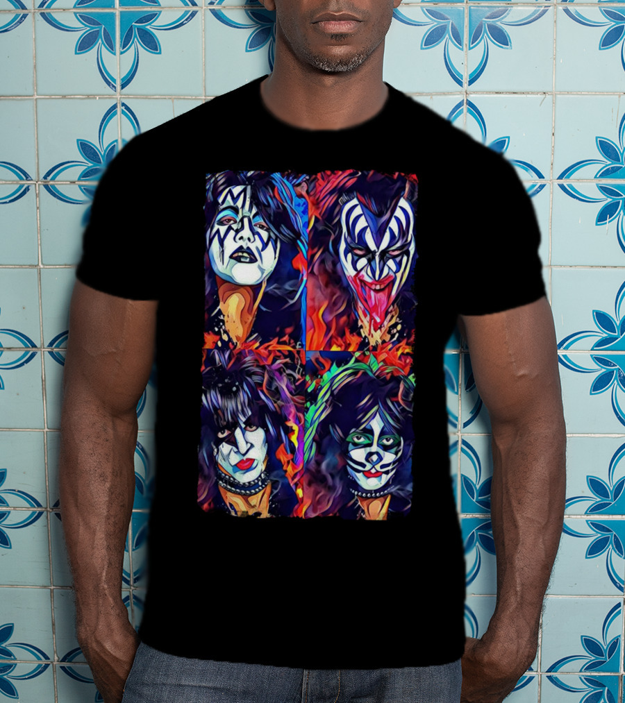 Kiss Band Iconic Face Paint Portraits Fiery Background T-Shirt