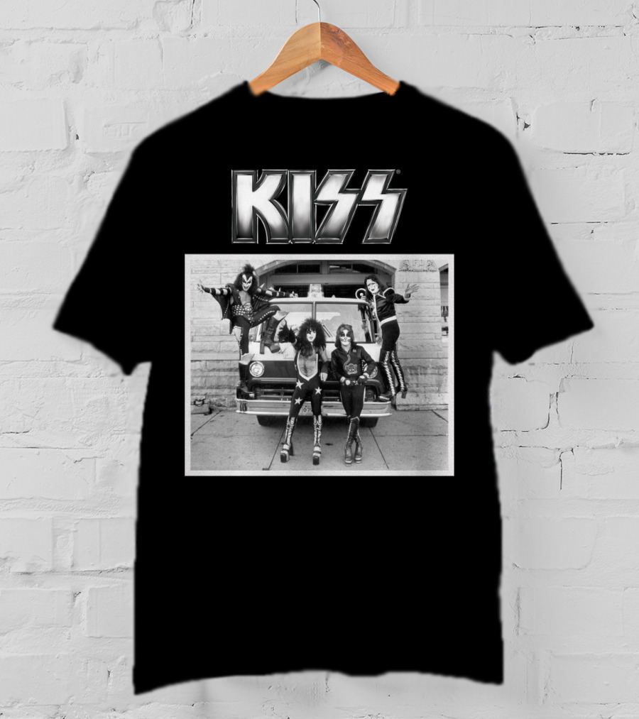 KISS Band On Cadillac With Logo Black And White Photograph T-Shirt