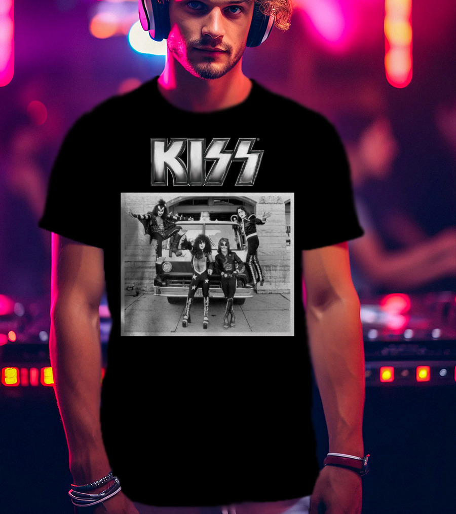 KISS Band On Cadillac With Logo Black And White Photograph T-Shirt