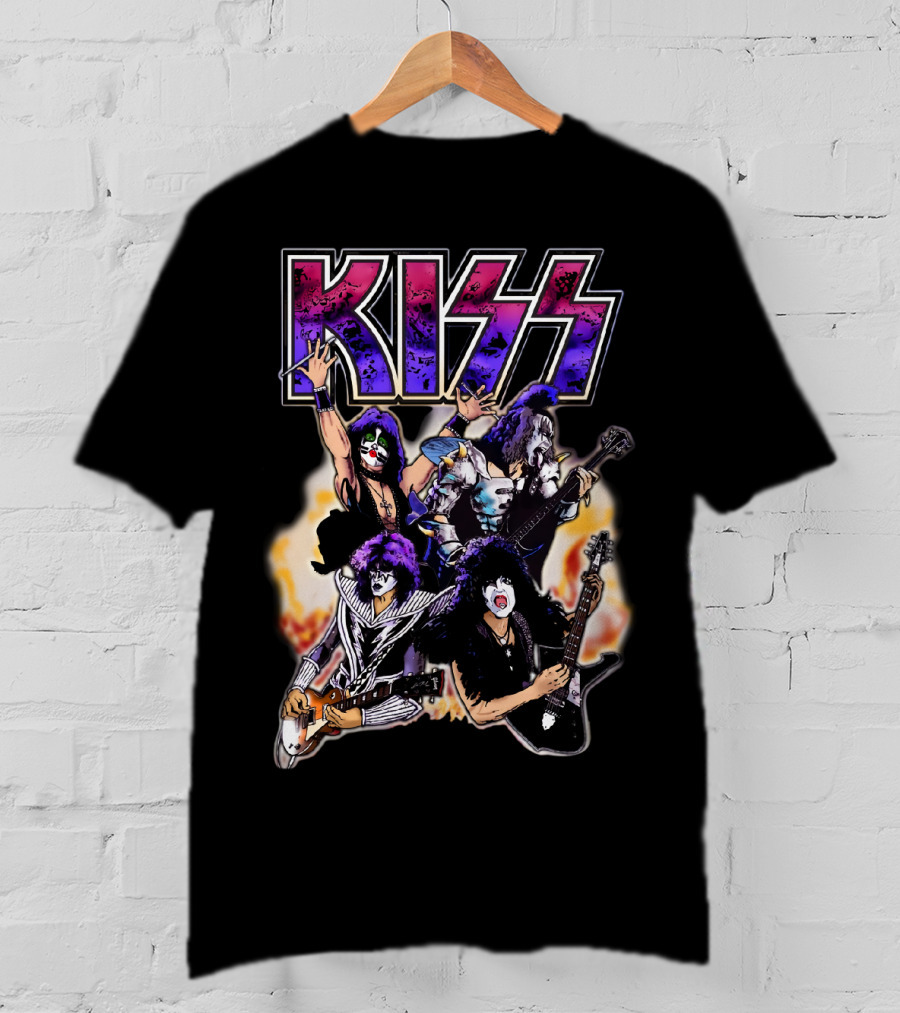 KISS Band Cartoon Graphic With Fire Background T-Shirt