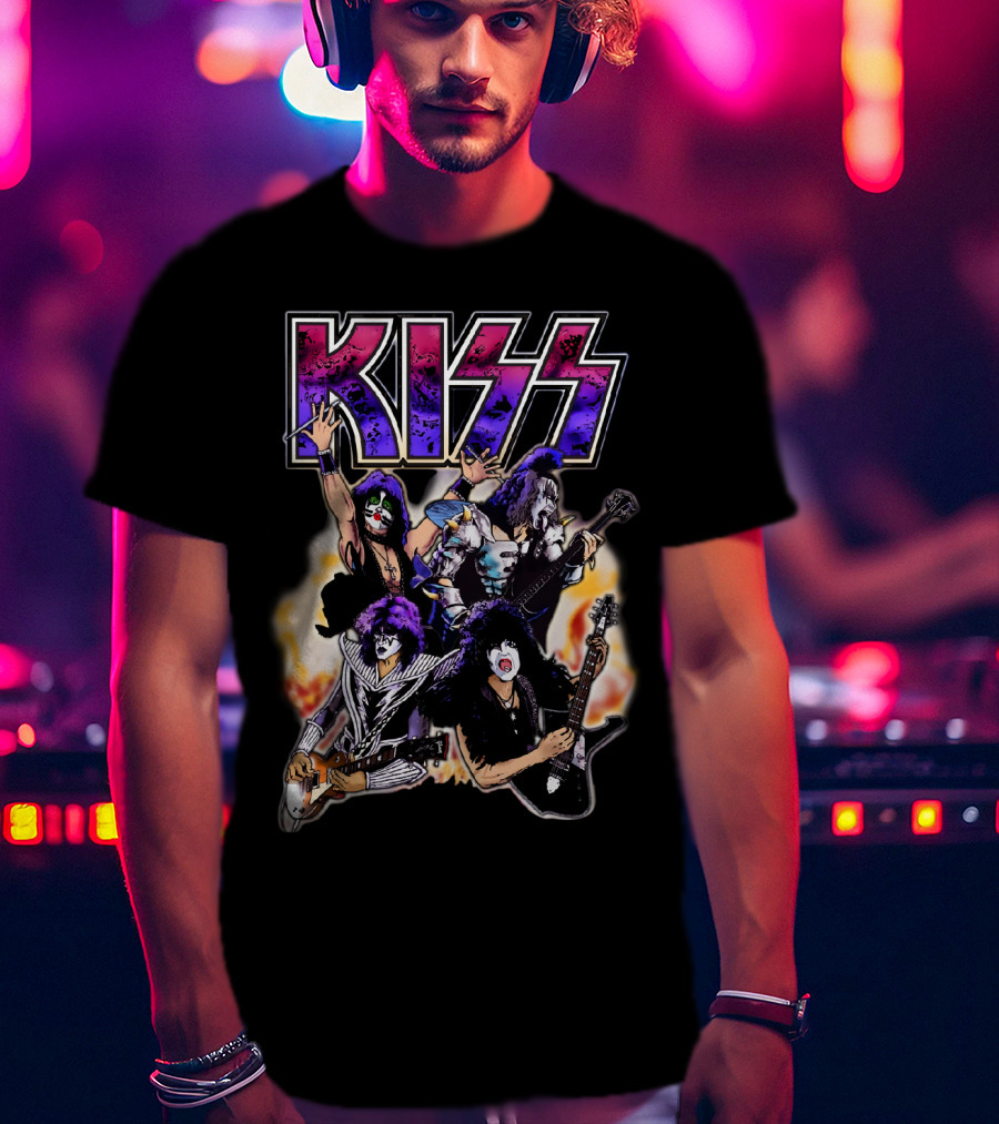 KISS Band Cartoon Graphic With Fire Background T-Shirt