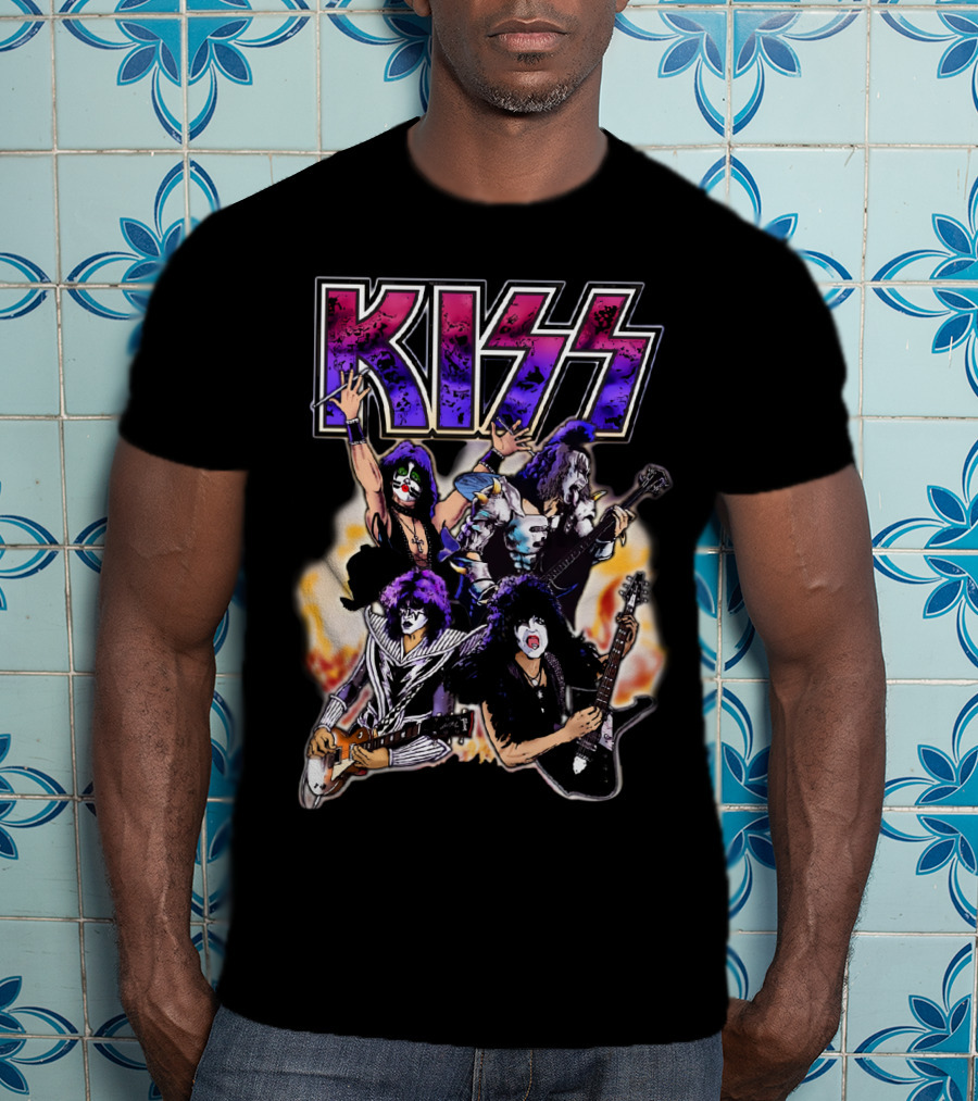 KISS Band Cartoon Graphic With Fire Background T-Shirt