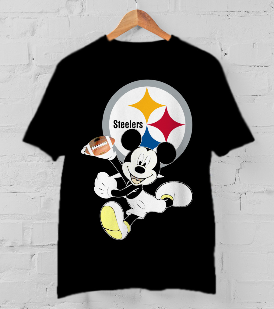 Mickey Mouse With Steelers Logo And Football T-Shirt