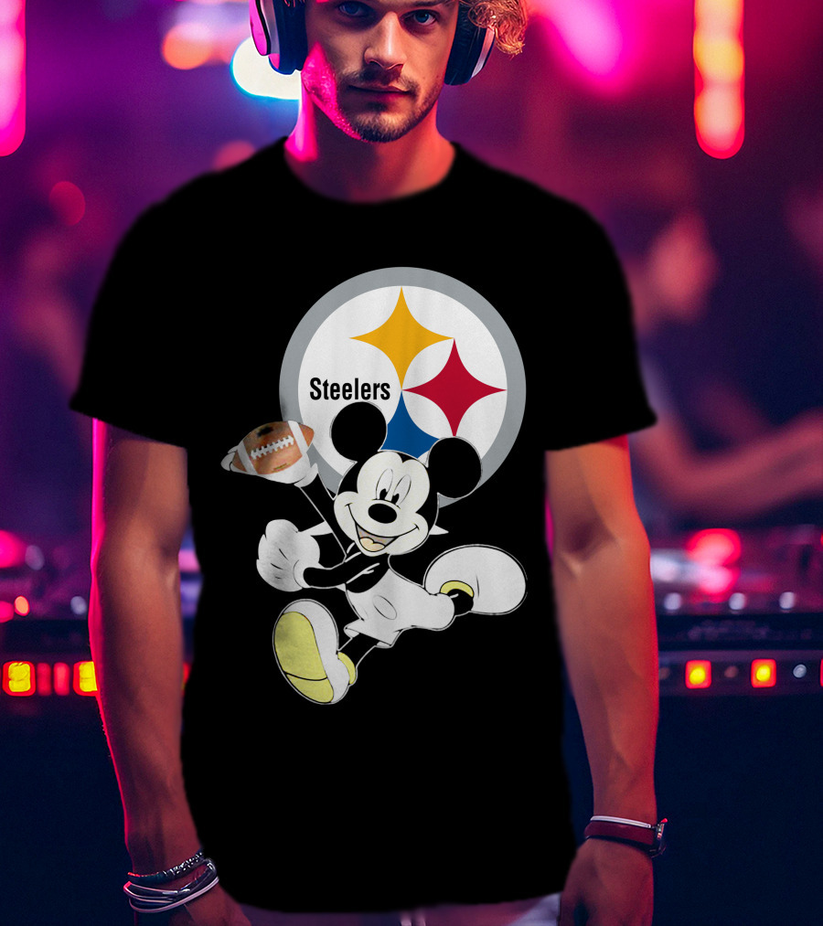 Mickey Mouse With Steelers Logo And Football T-Shirt