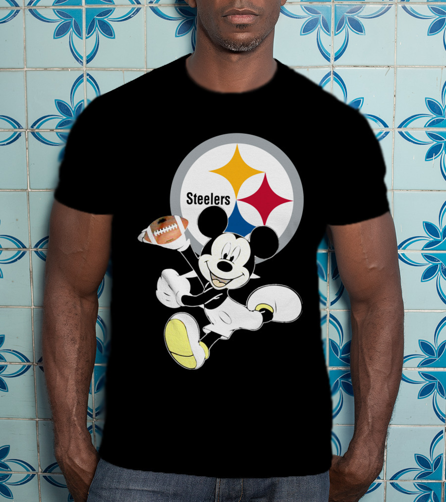 Mickey Mouse With Steelers Logo And Football T-Shirt