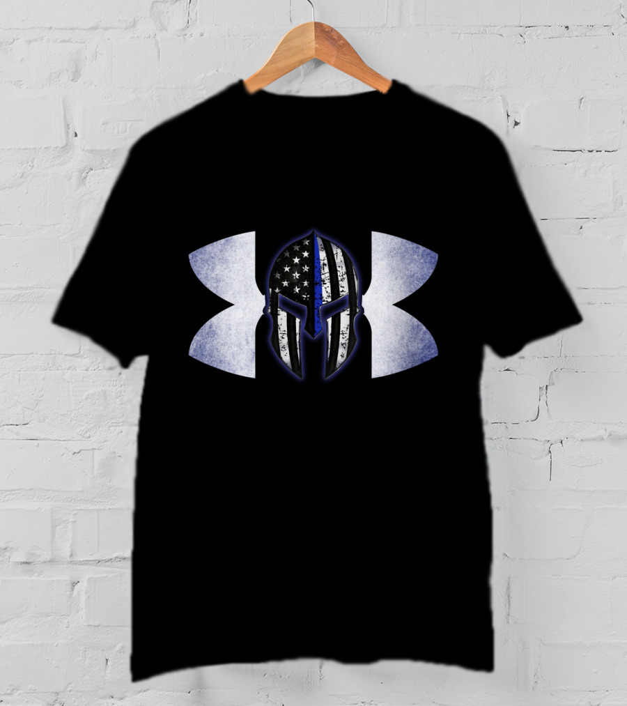 Thin Blue Line Spartan Helmet With American Flag And Tactical T-Shirt