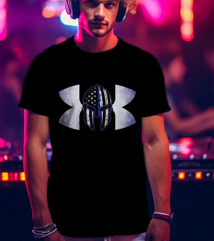 Thin Blue Line Spartan Helmet With American Flag And Tactical T-Shirt