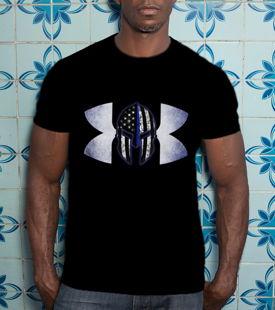 Thin Blue Line Spartan Helmet With American Flag And Tactical T-Shirt