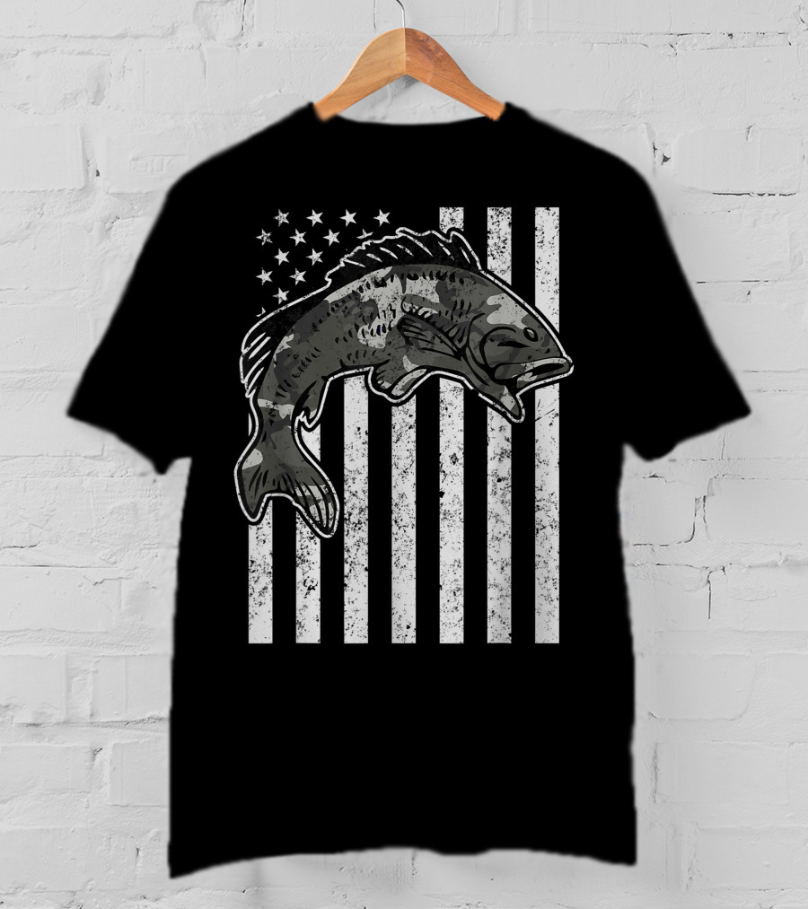 American Flag Camouflage Bass Fishing Mens T-Shirt