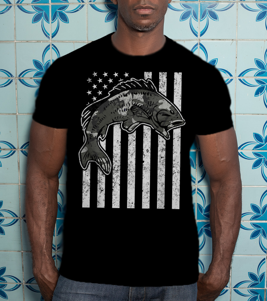 American Flag Camouflage Bass Fishing Mens T-Shirt