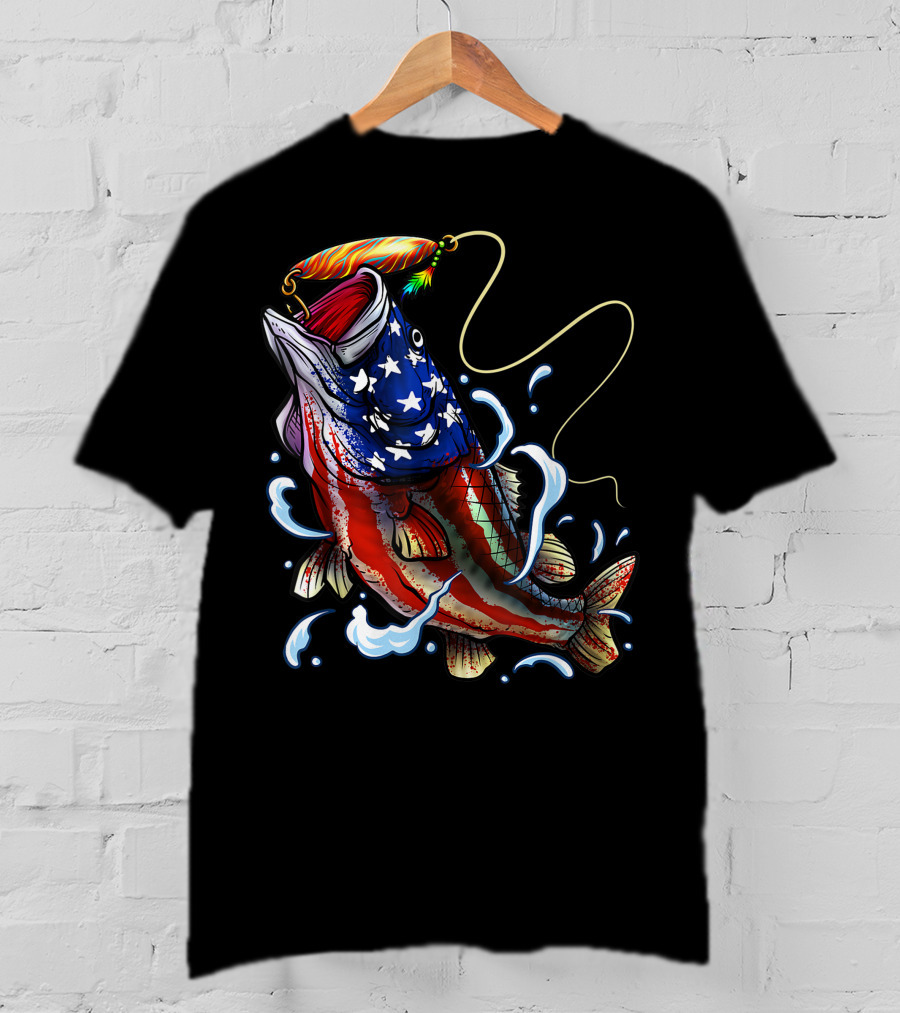 American Flag Bass Fishing Angler Dad Fish T-Shirt