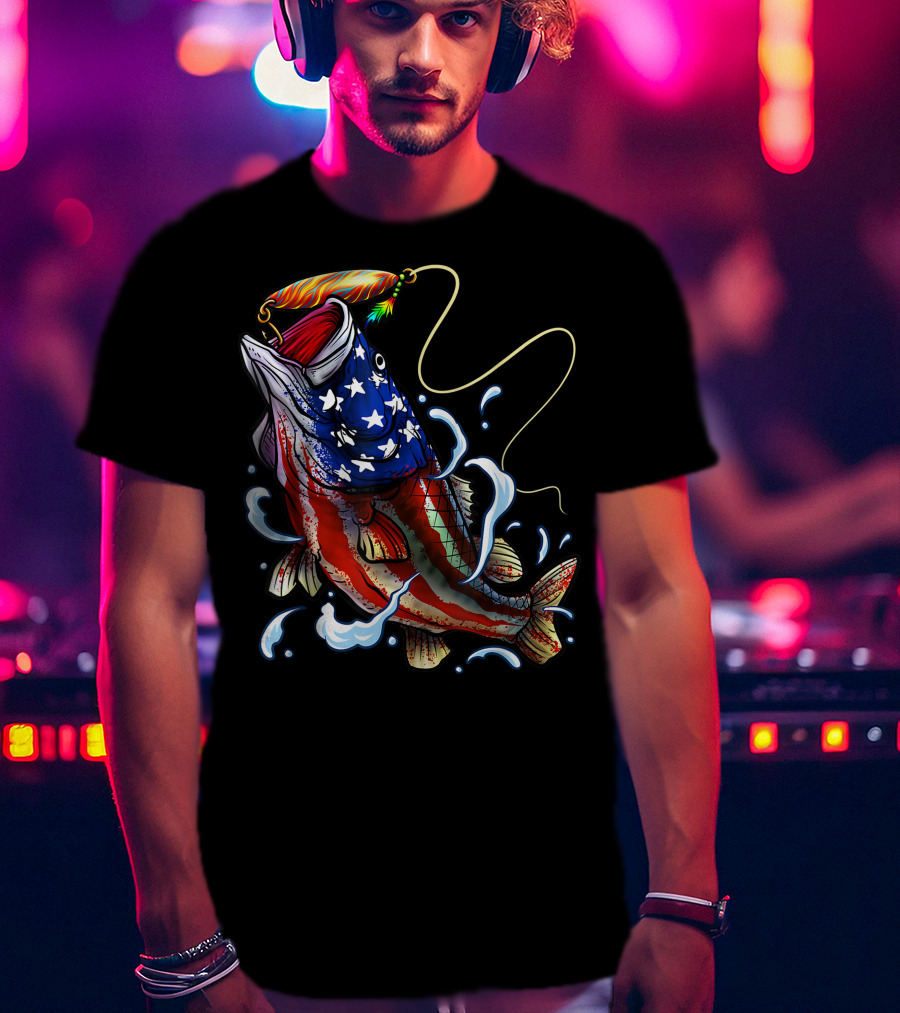 American Flag Bass Fishing Angler Dad Fish T-Shirt