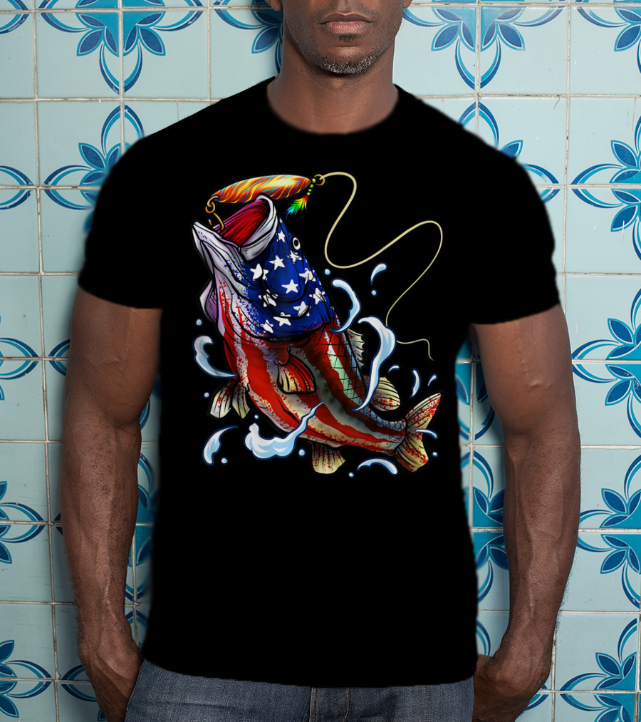 American Flag Bass Fishing Angler Dad Fish T-Shirt