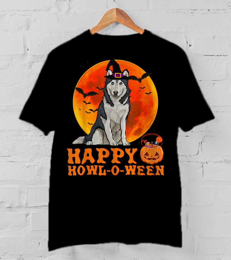 Halloween Siberian Husky Dog Happy Howl-O-Ween Pumpkin Moon Bats T-Shirt