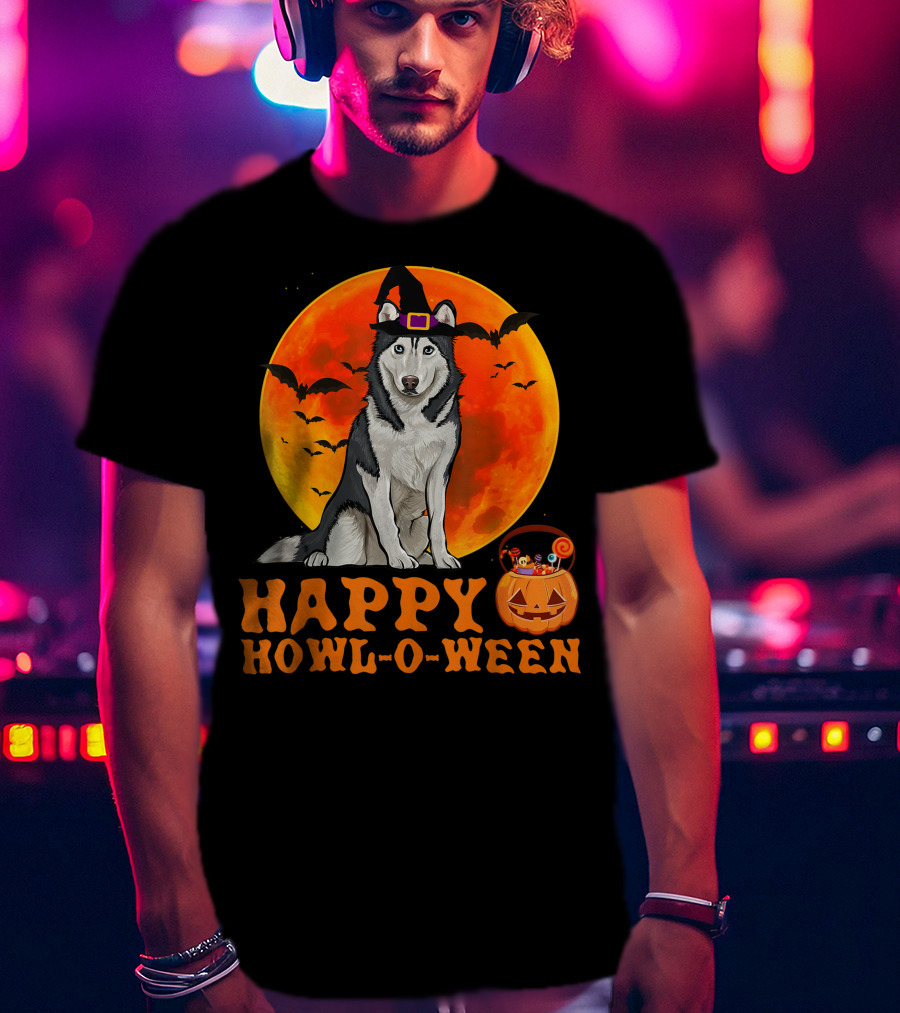 Halloween Siberian Husky Dog Happy Howl-O-Ween Pumpkin Moon Bats T-Shirt