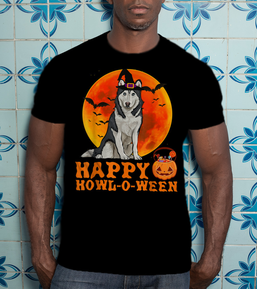 Halloween Siberian Husky Dog Happy Howl-O-Ween Pumpkin Moon Bats T-Shirt