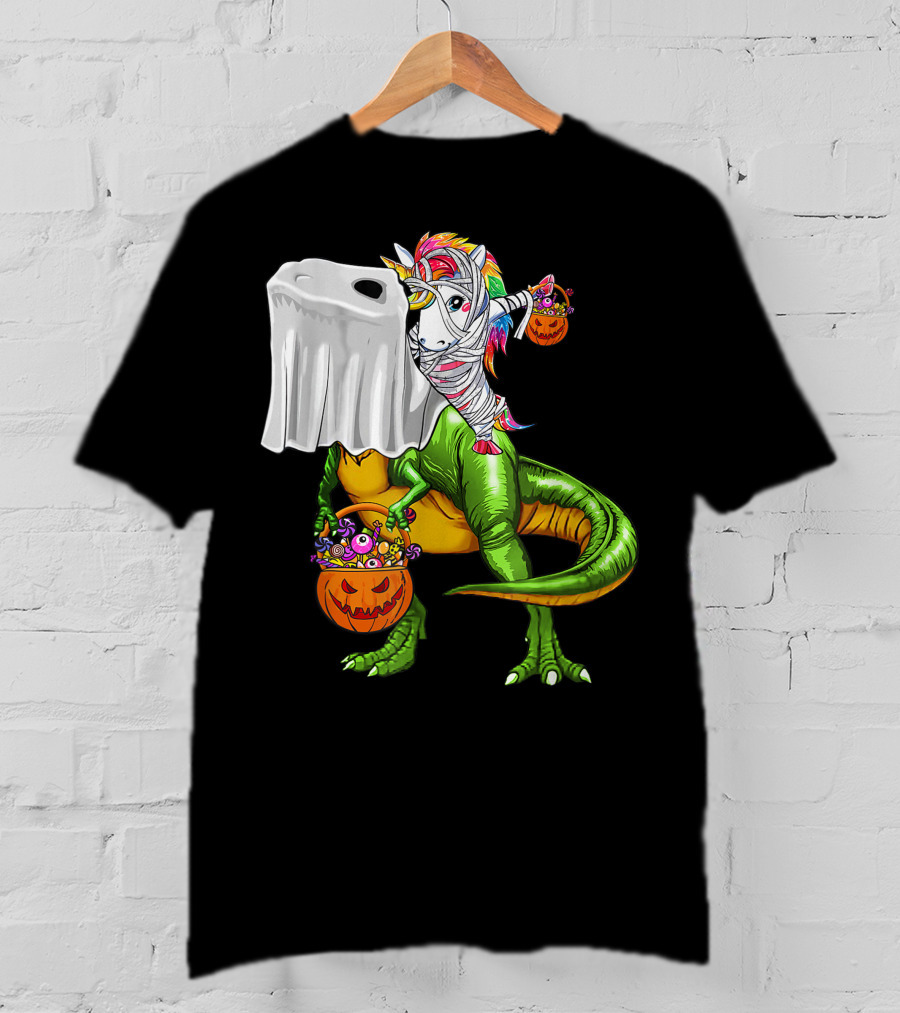 Funny Boo Dinosaur Mummy Unicorn Carrying Pumpkin Halloween T-Shirt