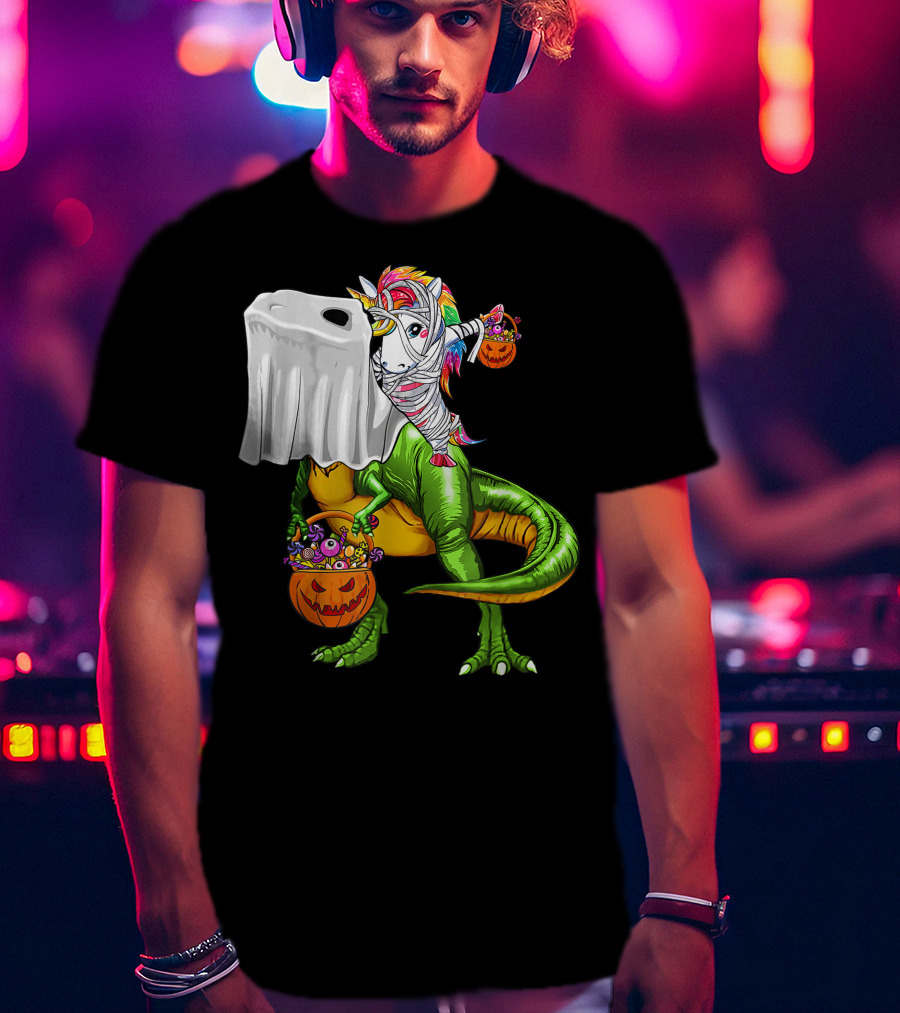 Funny Boo Dinosaur Mummy Unicorn Carrying Pumpkin Halloween T-Shirt