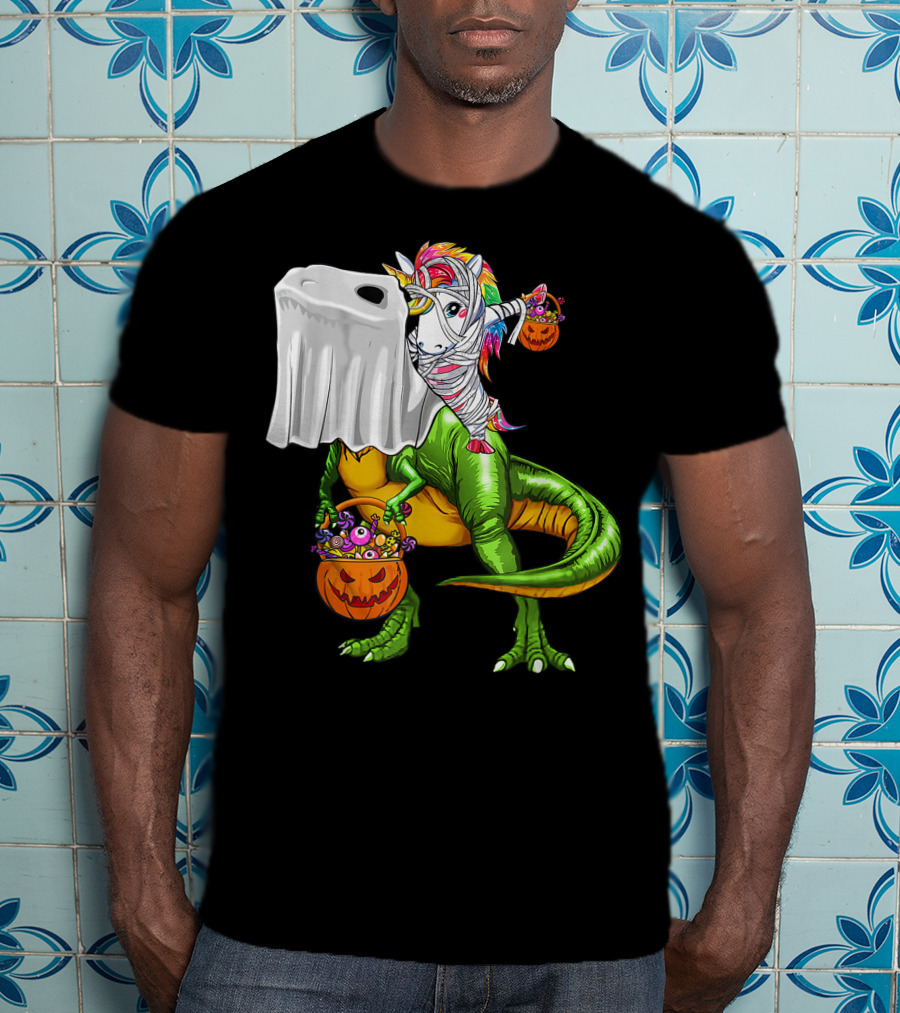 Funny Boo Dinosaur Mummy Unicorn Carrying Pumpkin Halloween T-Shirt