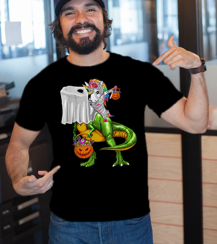 Funny Boo Dinosaur Mummy Unicorn Carrying Pumpkin Halloween T-Shirt