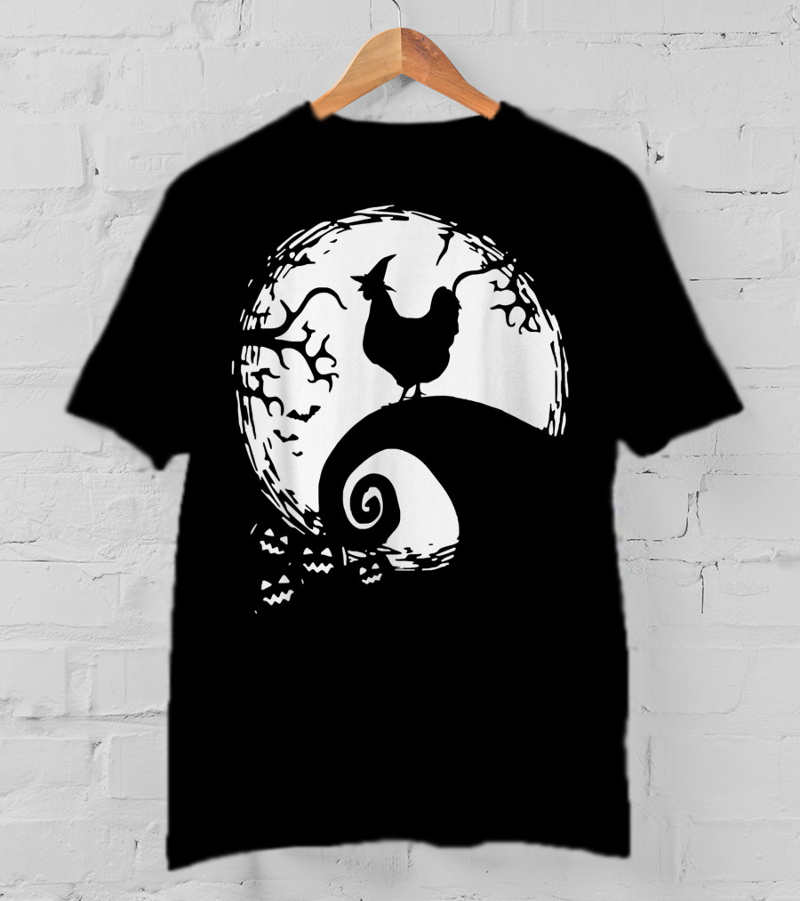 Funny Chicken Halloween Moon Pumpkin Nightmare Hill Scene T-Shirt