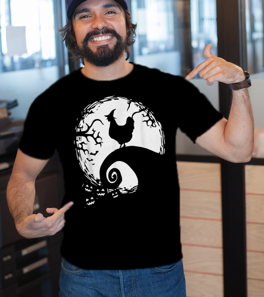 Funny Chicken Halloween Moon Pumpkin Nightmare Hill Scene T-Shirt