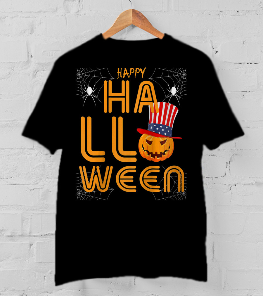 Happy Halloween Funny Orange Pumpkin American Flag Hat With Spider Webs T-Shirt