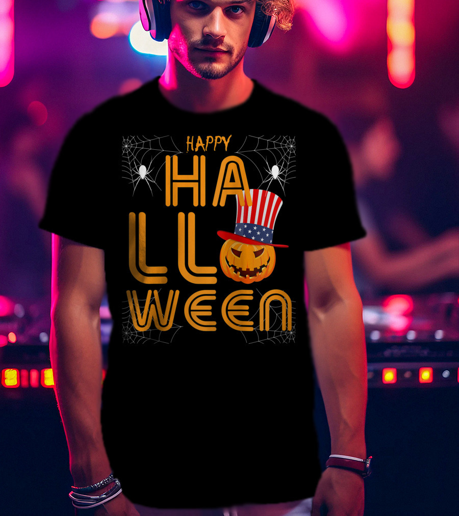 Happy Halloween Funny Orange Pumpkin American Flag Hat With Spider Webs T-Shirt
