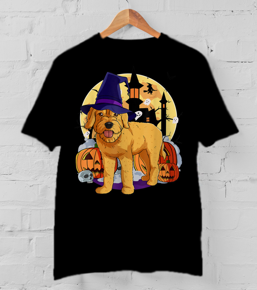 Happy Halloween Goldendoodle Dog Witch Hat Pumpkin Moon Haunted House Ghosts T-Shirt