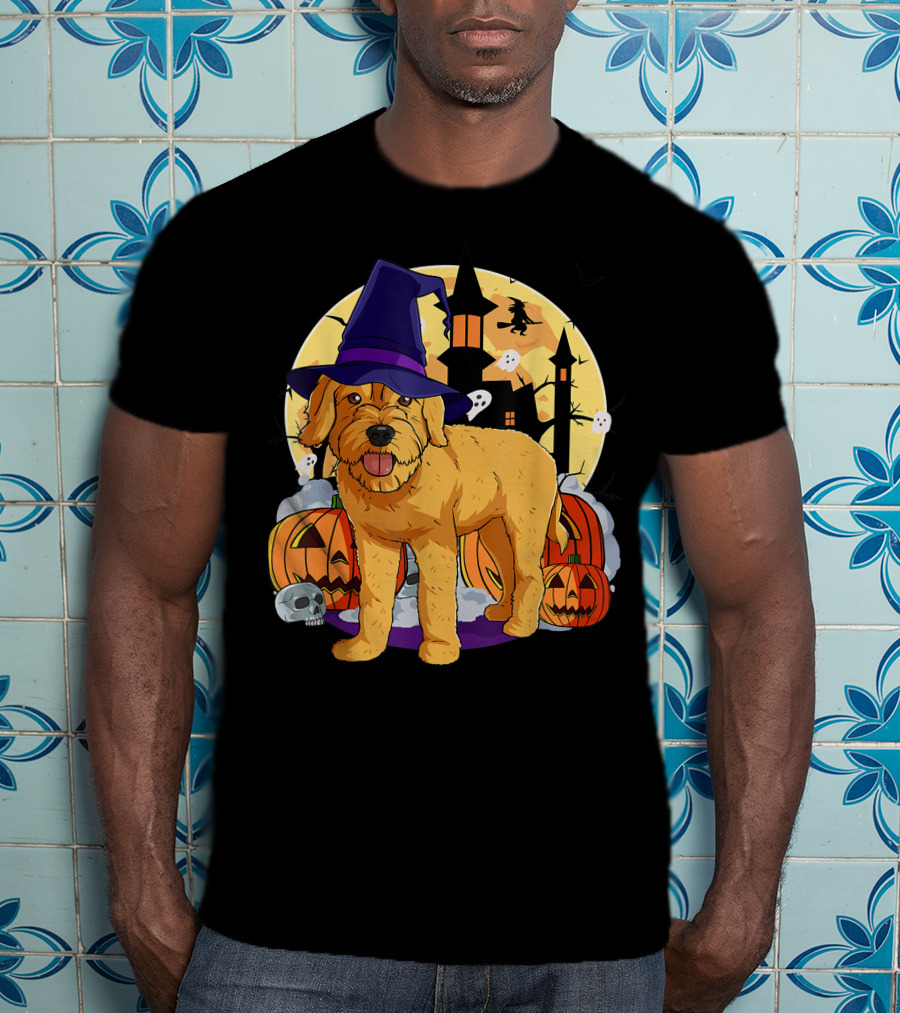 Happy Halloween Goldendoodle Dog Witch Hat Pumpkin Moon Haunted House Ghosts T-Shirt