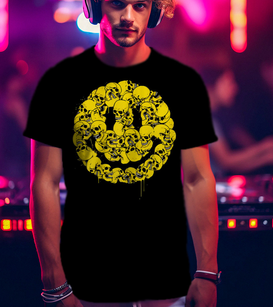 Smiley Face Skull Circle Halloween Goth Occult Scary T-Shirt