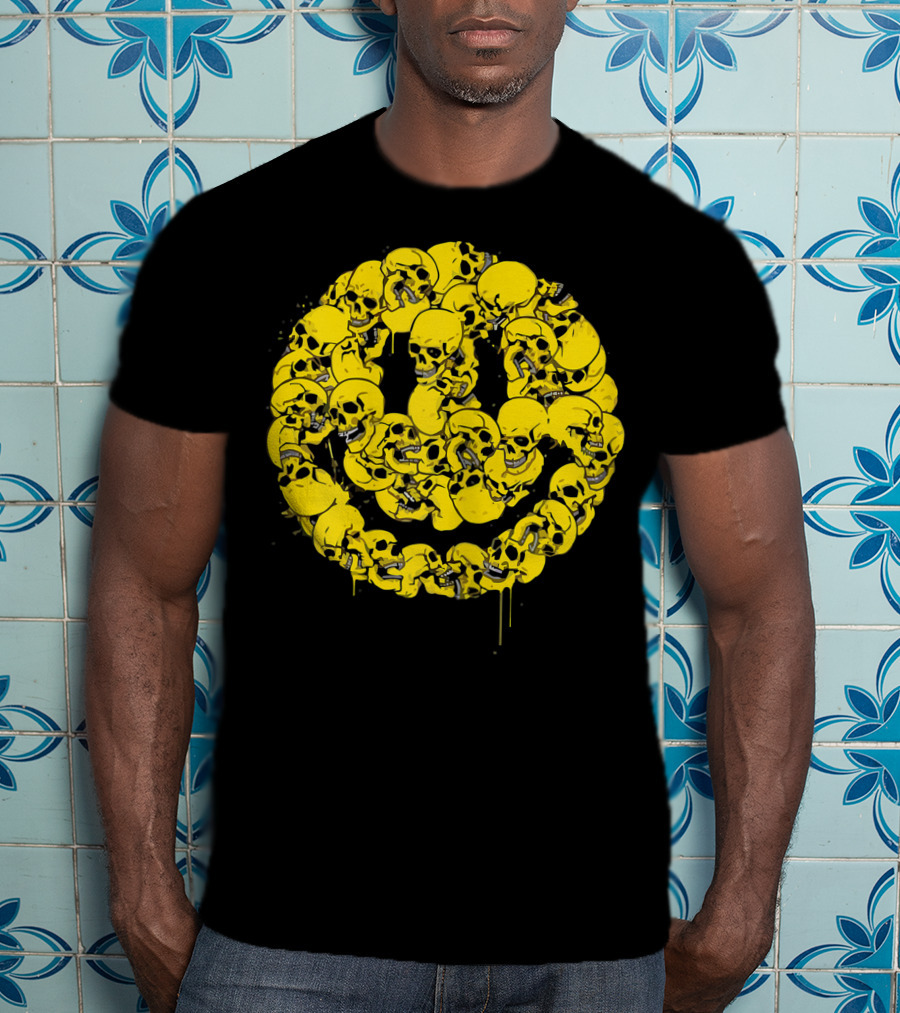 Smiley Face Skull Circle Halloween Goth Occult Scary T-Shirt