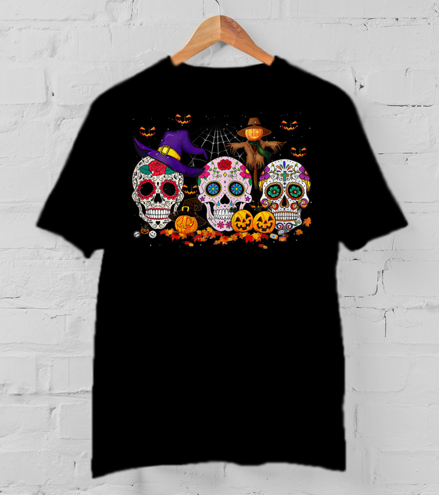 Sugar Skull Funny Halloween Pumpkin Witch Hat Autumn T-Shirt
