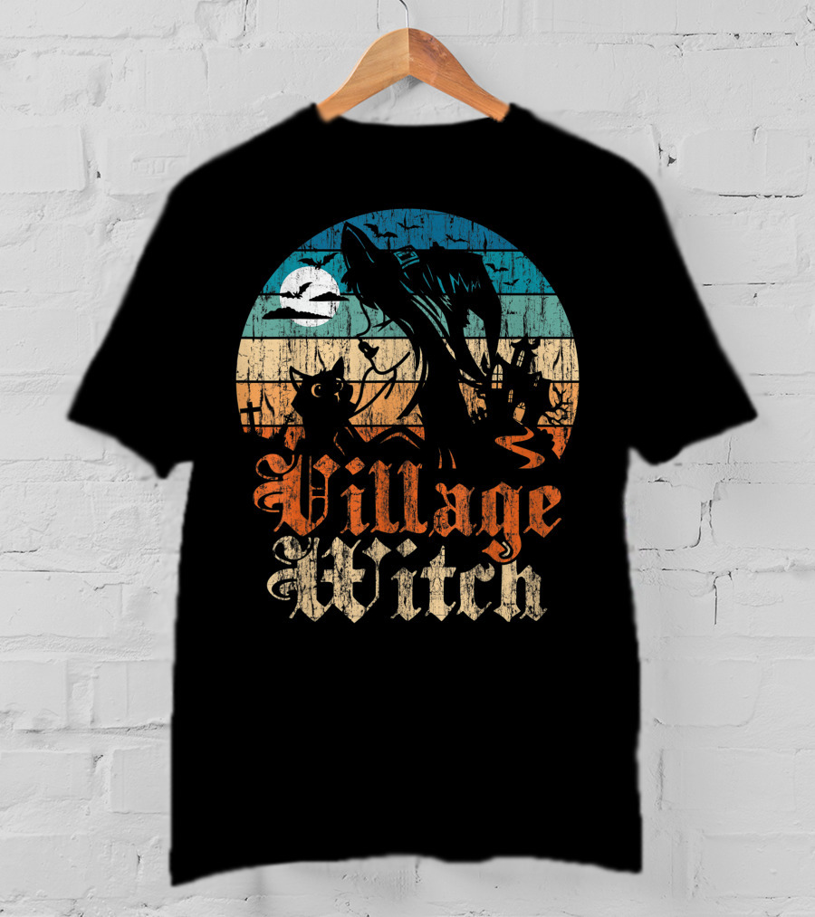 Village Witch Cat Silhouette Moon Sunset T-Shirt